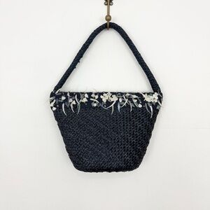 Vintage Navy Straw Sequined Shoulder Bag Olympic Accessory Made in Italy